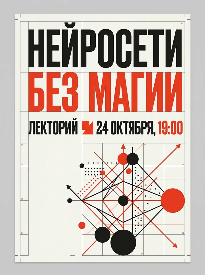 Постер с заголовком «Нейросети без магии» и строкой «Лекторий, 24 октября, 19:00» на модульной сетке